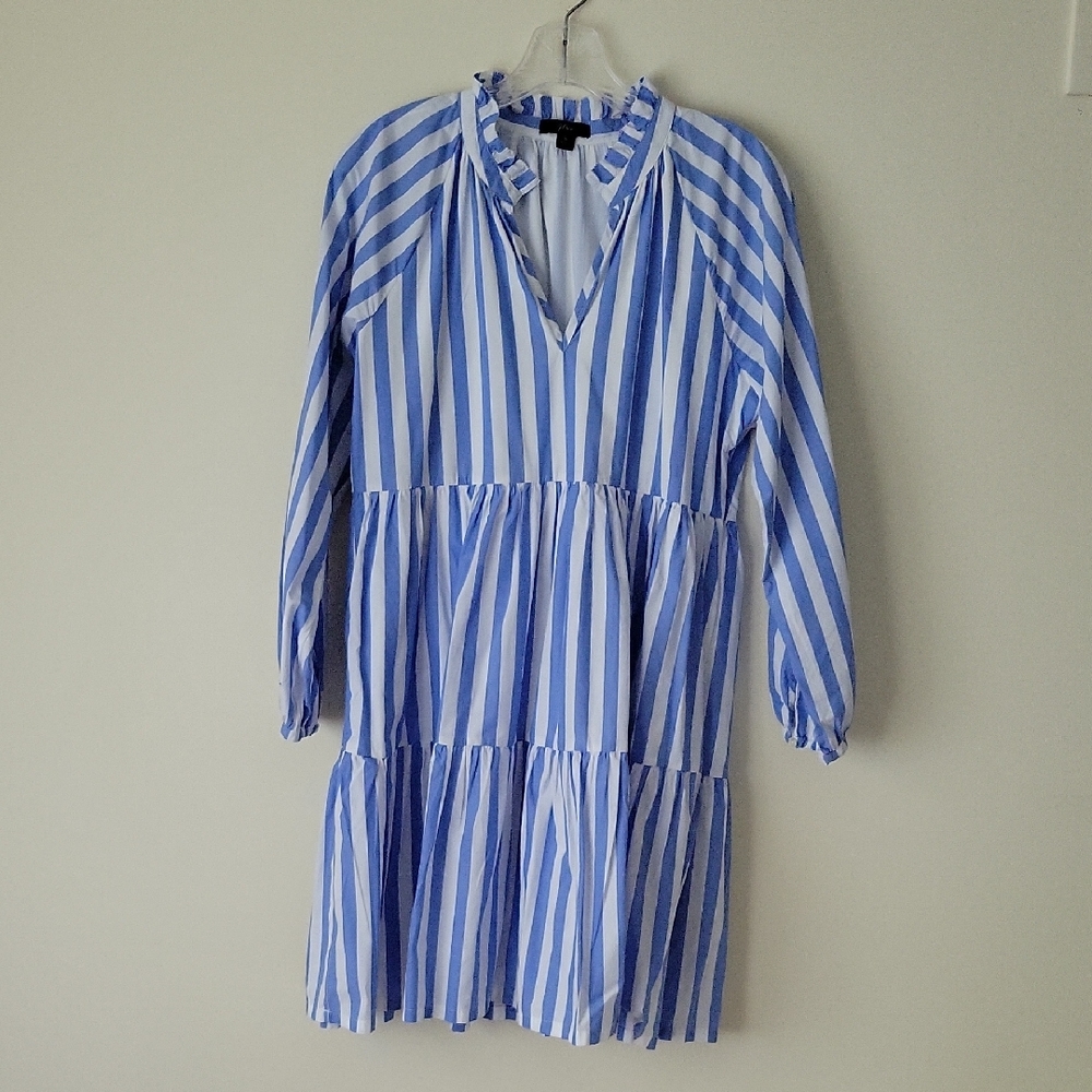 J. Crew Women's Tiered Popover Dress in Striped Cotton Poplin- Size S